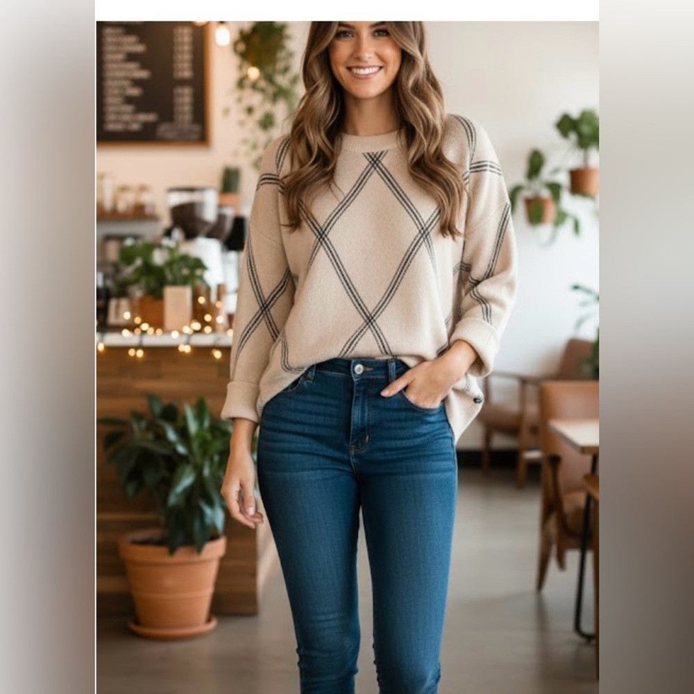 Tahari Cream and Black Crewneck Sweater with Geometric Design